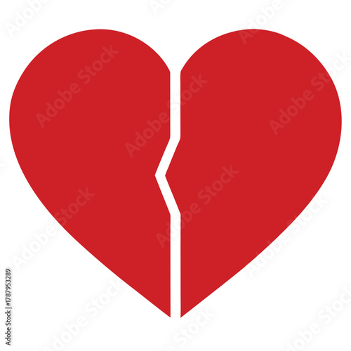 Illustration of a red broken heart with a clean crack isolated on white background