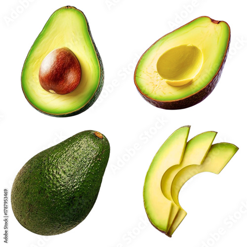 Fresh Avocado Set: Whole, Halved with Pit, and Sliced Isolated on White