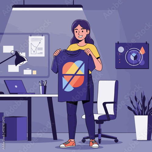 A young woman in a purple office holds up a t-shirt with a heart logo against a desk and chair with a modern minimalist backdrop and warm tones.