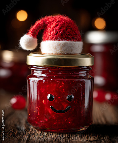 A cheerful jar of jam that joins the Christmas fun — complete with a Santa hat and a fruit smile. It’s a delightful mix of sweetness and festive personality.