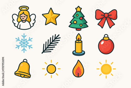 Festive Angelic Icons. Christmas Angel Topper modern flat icon set: angel with halo, wings, golden star, Christmas tree, ribbon bow, snowflake, pine branch, candle flame, ornament,