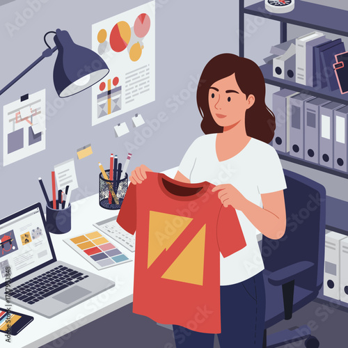 A woman in an office holds up a red t-shirt with a yellow design in front of a desk with a laptop and color swatches on a gray background with papers and office supplies.
