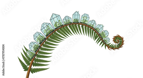 Greenhouse Fern Frond with Miniature Greenhouses, Generative AI.
