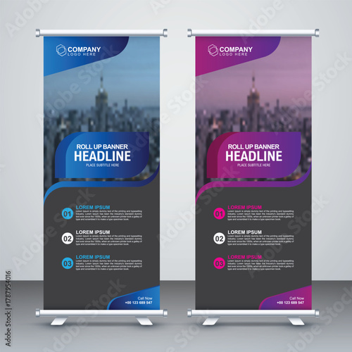 Business Roll Up Banner Set – Abstract Geometric Triangle Standee Design Template for Corporate Advertising and Exhibition Display