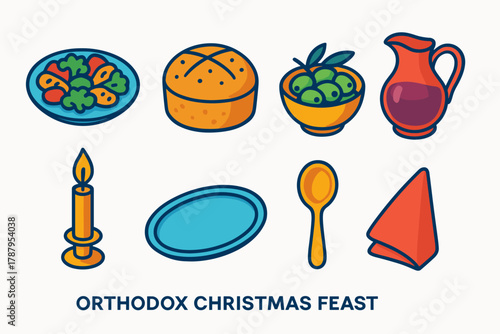 Orthodox Christmas Icons. Orthodox Christmas Feast modern flat icon set: roasted vegetables, traditional bread, olive bowl, pitcher of wine, church candle, serving tray, golden