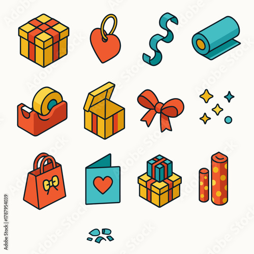 Gift Exchange Icons. Gift Exchange modern flat icon set: square gift box, heart tag, ribbon curl, paper roll, tape dispenser, open present, bow knot, glitter confetti, holiday bag,