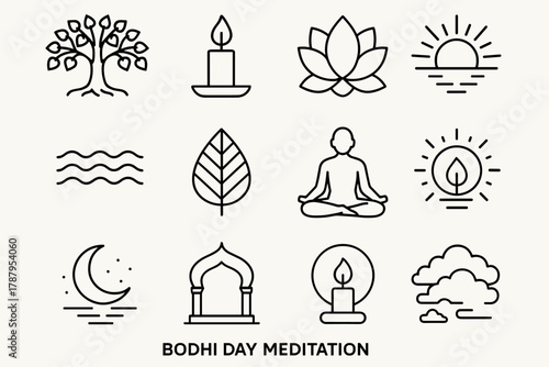 Bodhi Day Icons. Bodhi Day Meditation outline icon set: Bodhi tree, candle flame, lotus, sun rays, calm water, leaf pattern, meditating figure, soft glow, moon reflection, temple