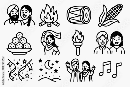 Lohri Celebration Icons. Lohri Joyful Moments outline icon set: people laughing, crackling fire, dhol drum, roasted corn, sweet treats, waving scarves, bright torches, smiling