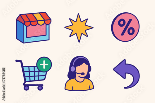 Cyber Monday Icons. Cyber Monday E-commerce Frenzy modern flat icon set: storefront window, star burst, percentage symbol, add-to-cart icon, chat support, return arrow.