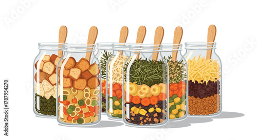 Assortment of Preserved Foods in Mason Jars, Generative AI.