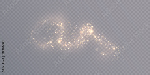 Golden shimmering particles and sparks of light dust on a transparent background. Suitable for festive designs, magical effects, glow effects, New Year's and wedding decorations.	