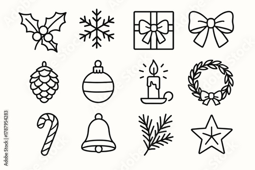 Festive Holiday Icons. Seasonal Cheer outline icon set: holly sprig, snowflake, wrapped present, ribbon bow, pinecone, ornament, glowing candle, festive wreath, candy cane, bell,