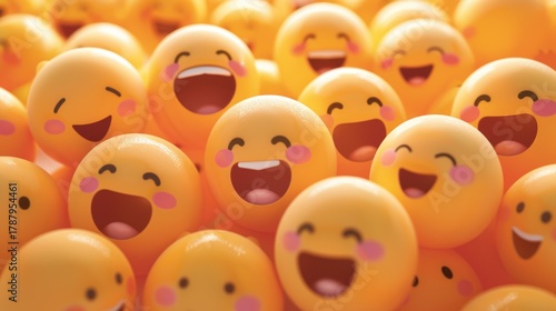 Happy yellow smiling and laughing faces with various face emotions and expressions on warm orange background