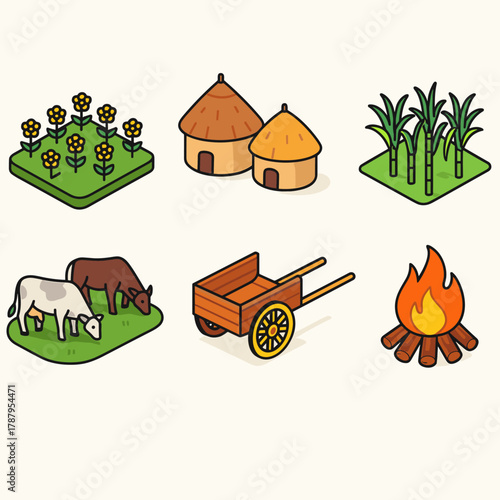Vibrant Lohri Icons. Lohri Rural Landscape modern flat icon set: mustard fields, village huts, setting sun, sugarcane farm, grazing cattle, wooden cart, dirt path, festive bonfire.
