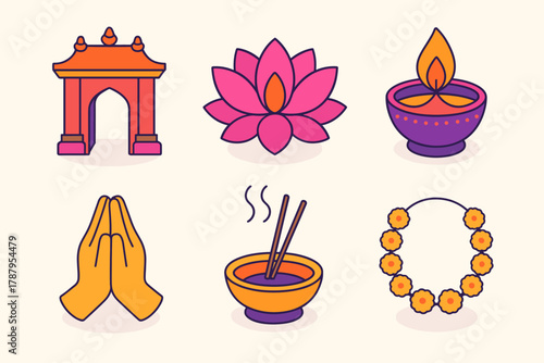 Diwali Icon Set. Diwali Spiritual Ritual modern flat icon set: temple gate, lotus flower, diya flame, prayer hands, incense burner, garland.