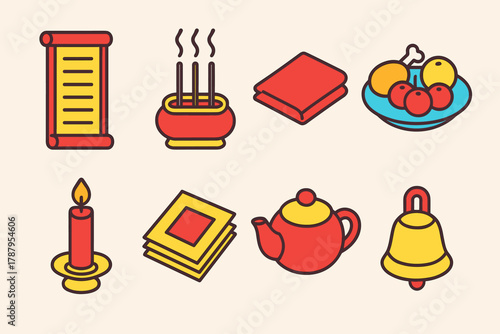 Ancestral Tribute Icons. Lunar New Year Ancestral Tribute modern flat icon set: scroll of names, incense holder, red cloth, food offerings, candlelight, joss paper, teapot, small