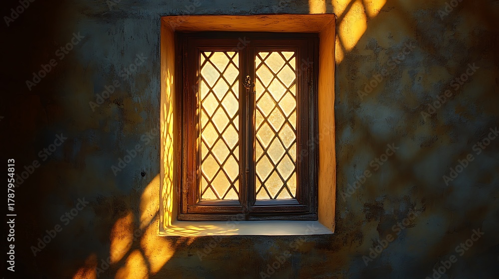 Obraz premium Illuminated lattice window casting geometric shadows on stucco wall