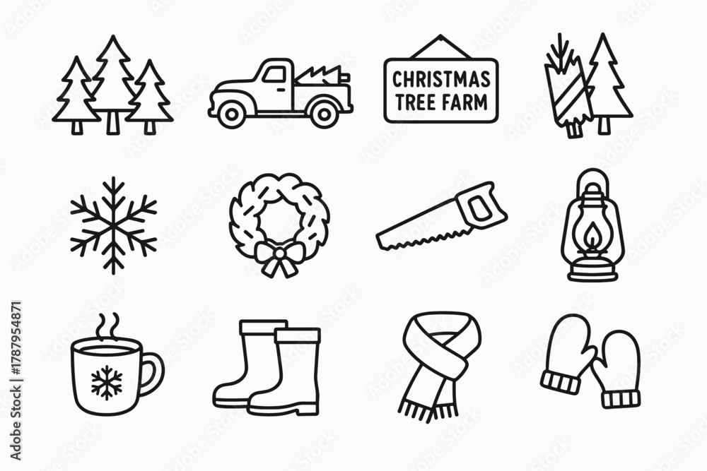 Fototapeta premium Christmas Tree Farm Icons. Christmas Tree Farm outline icon set: pine grove, red truck, wooden sign, bundled trees, snowflake, wreath, saw, lantern, hot cocoa, boots, scarf,