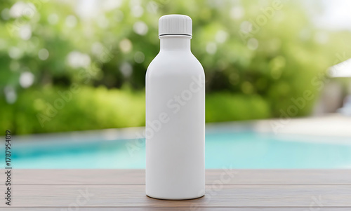 White Bottle Mockup on Wooden Table by Swimming Pool Design Template