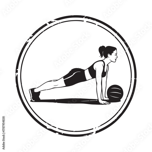 Woman performing a push up with a medicine ball in a circular emblem