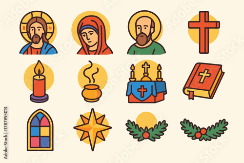Orthodox Christmas Icons. Orthodox Christmas Holy Icons modern flat icon set: Christ icon, Virgin Mary portrait, saint with halo, cross symbol, candle flame, incense smoke,
