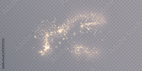 Golden shimmering particles and sparks of light dust on a transparent background. Suitable for festive designs, magical effects, glow effects, New Year's and wedding decorations.