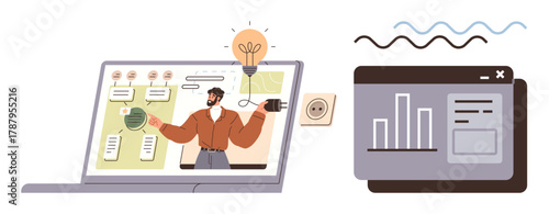 Laptop screen showing a business professional brainstorming with charts, mind maps, and light bulb ideas. Graphical interface represents data analytics. Ideal for teamwork, innovation, remote work