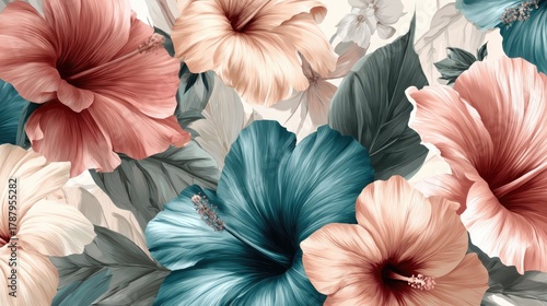 Wallpaper Mural Tropical floral pattern featuring large blossoms and dense foliage creates a rich natural tapestry Torontodigital.ca