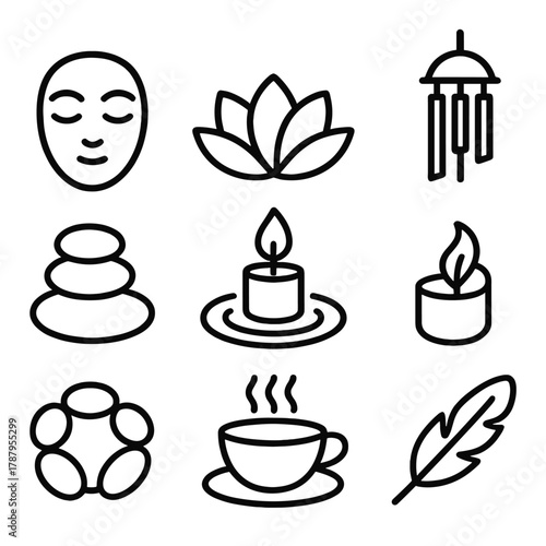 Tranquil Mindfulness Icons. Mindful Serenity outline icon set: closed eyes, lotus bloom, gentle ripple, candlelight, wind chime, pebble circle, tea cup, feather.