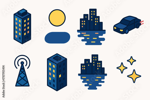 Modern Urban Icon Set. Urban Nightscape modern flat icon set: high-rise buildings, glowing moon, skyline reflection, car lights, antenna, rooftop, riverfront, stars.