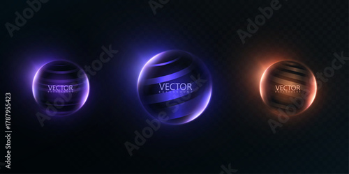 Set of glowing neon spheres with blue, violet and orange halo on dark background. Futuristic luminous orbs for sci fi interfaces, tech banners and digital overlays.