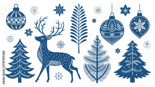 Stylized christmas illustration with deer ornaments trees and snowflakes in blue and white color scheme silhouette