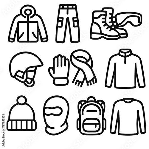 Winter Gear Icons. Outdoor Winter Gear outline icon set: ski jacket, snow pants, boots, goggles, helmet, gloves, scarf, fleece, beanie, balaclava, backpack, thermal layer.