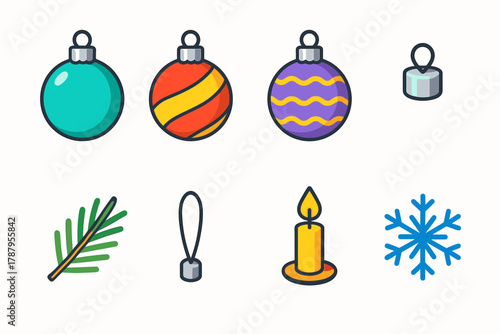 Vibrant Holiday Baubles. Classic Tree Baubles modern flat icon set: glass ornament, red and gold stripe, tinsel accent, silver cap, pine needles, hanging loop, candlelight,