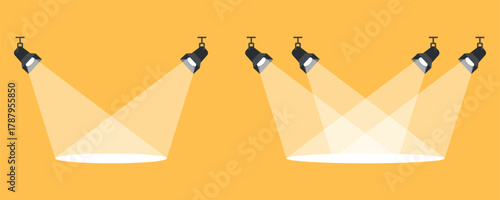 Vector Stage Spotlights and Light Beams on Orange Background