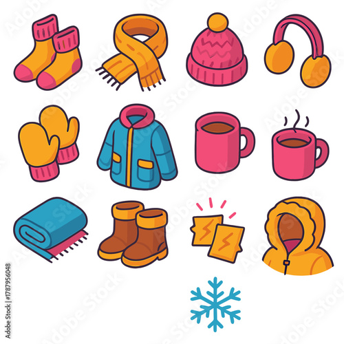 Cozy Winter Essentials. Cozy Cold Weather Set modern flat icon set: wool socks, chunky scarf, knitted hat, mittens, earmuffs, heavy coat, hot drink mug, fleece blanket, boots, hand