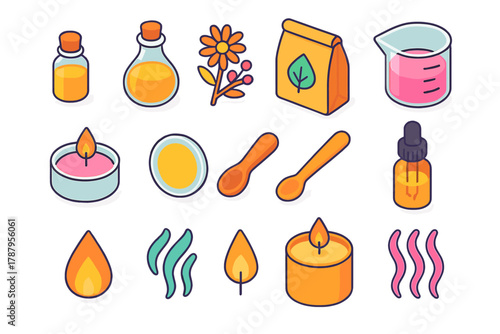 Aromatherapy Candle Icons. Aromatherapy Candles modern flat icon set: scented oils, dried flowers, soy wax bag, blending beaker, candle tin, label sticker, mixing spoon, dropper