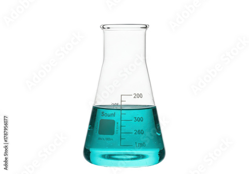 Isolated Erlenmeyer flask filled with blue liquid, laboratory equipment for chemistry or biology experiments