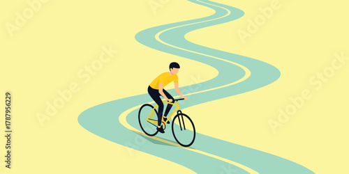 Dynamic cyclist riding a vibrant yellow bicycle on a winding teal path amidst a sunny yellow backdrop, capturing movement and journey.