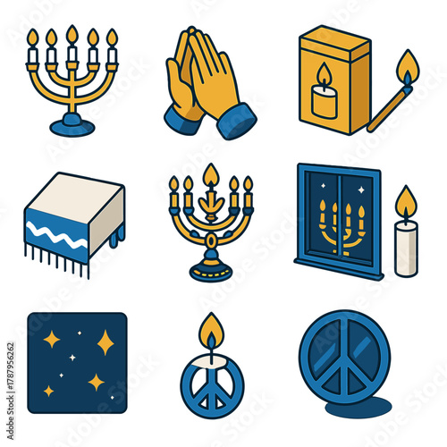 Menorah Icon Set. Evening Menorah Blessing modern flat icon set: menorah flame, prayer hands, candle box, matchstick, Hebrew text, tablecloth, blue and gold decor, window frame,