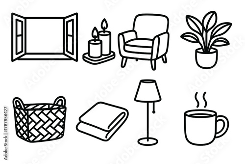 Cozy Home Icons. Serene Living outline icon set: open window, candle set, comfy chair, woven basket, houseplant, blanket fold, floor lamp, warm mug.