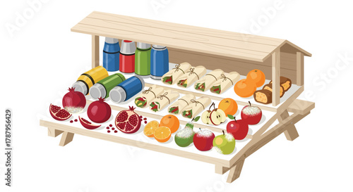 Wooden market stall displaying fresh fruits and essential oils, Generative AI.