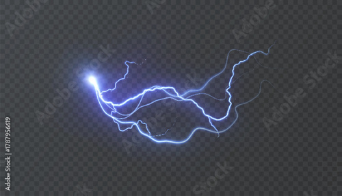 Blue electric lightning with a branched discharge and a bright charge point. Lightning light effect on a dark background.
 