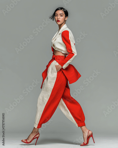 Attractive Asian Model Striding Confidently in Red and White Striped Cropped Suit with Heels