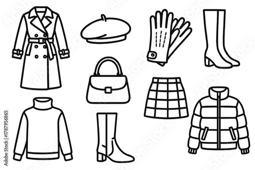 Chic Winter Icons. Chic Cold Season outline icon set: trench coat, beret, leather gloves, high boots, turtleneck, winter handbag, plaid skirt, puffer jacket.