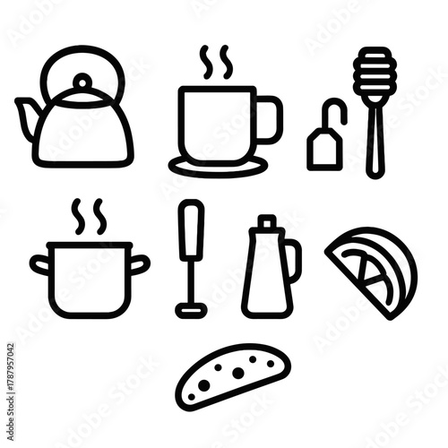 Fireside Drink Icons. Fireside Drink Essentials outline icon set: kettle, mug on coaster, tea bag tag, honey dipper, steaming pot, milk frother, biscotti, lemon wedge.