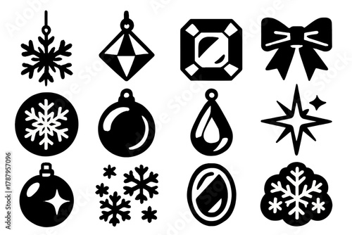 Frosty Ornament Icons. Frosty Ornaments bold vector icon set: snowflake pendant, hanging charm, icy jewel, ribbon tie, glass flake, metallic sheen, crystal drop, shining edge,