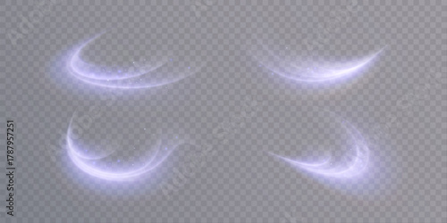 Bright purple light trail with glowing curved stream and sparkling light glare, isolated vector light effect on transparent background.	
