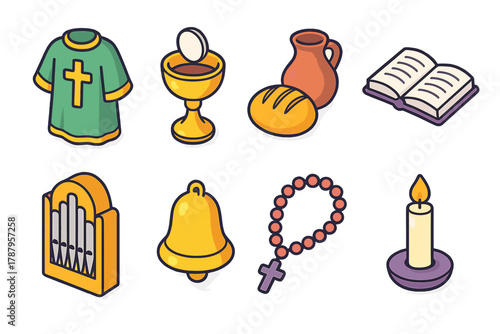 Isometric Mass Icons. Sunday Mass Elements modern flat icon set: priest’s robe, chalice, bread and wine, open Bible, organ pipes, bell, rosary, lit candle.