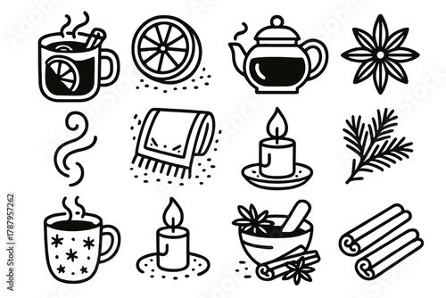 Warm Holiday Beverages. Hot Holiday Drinks outline icon set: mug of mulled wine, cinnamon stick, orange slice, glass teapot, star anise, steam swirl, festive napkin, cozy